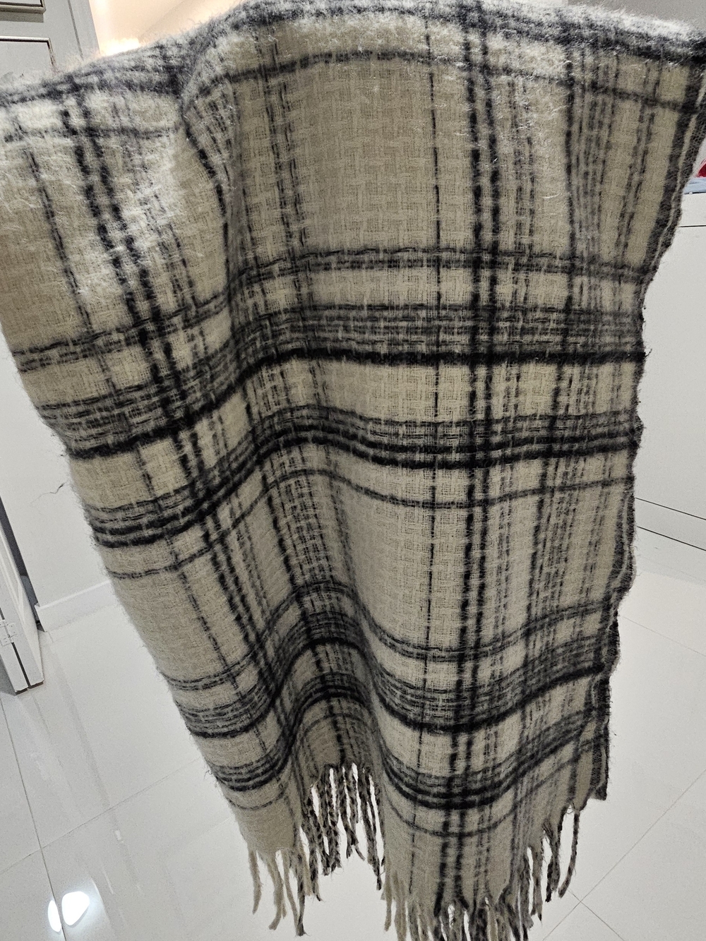 Cozy Cream Plaid Fringe Scarf